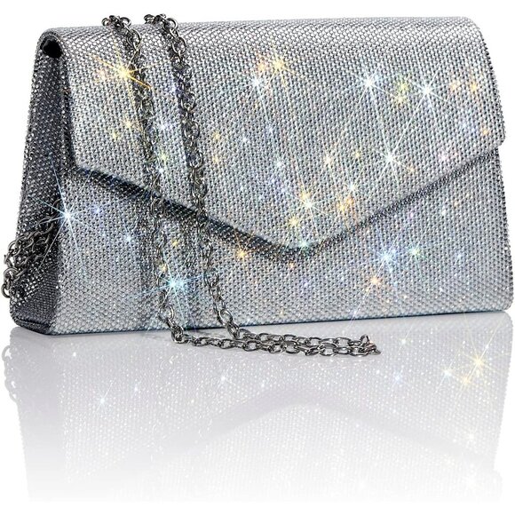 🆕Women's Silver Glitter Rhinestone Clutch Evening Bag PU Leather Prom Wedding - Picture 1 of 6